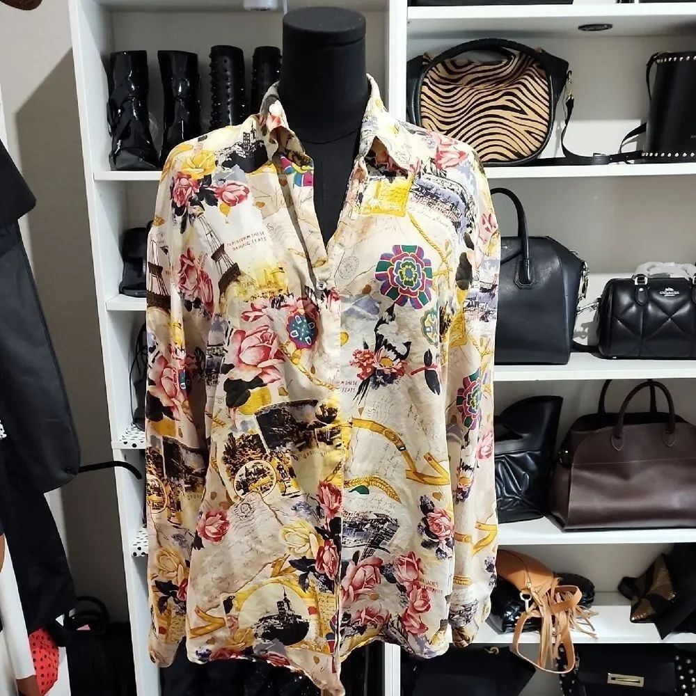 VintageCopper Key Silk Blouse with Black and White Details
